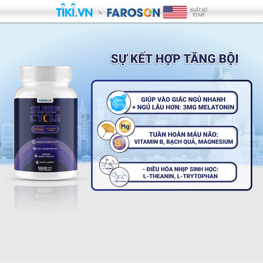 Viên uống bổ não Melatonin Vitamin B ngủ ngon giảm stress Faroson Sleep Cycle hộp 60 viên