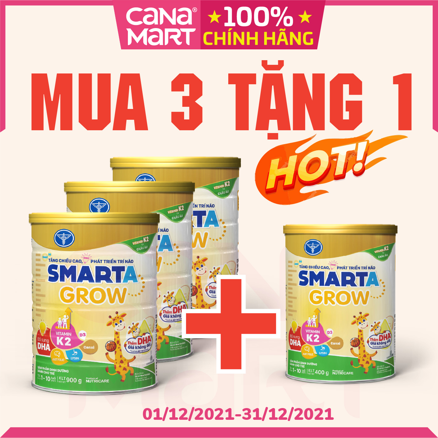 Sữa bột tốt cho bé Nutricare Smarta Grow, giúp trẻ tăng trưởng chiều cao, phát triển não bộ, dinh dưỡng cho trẻ thấp còi (900g)