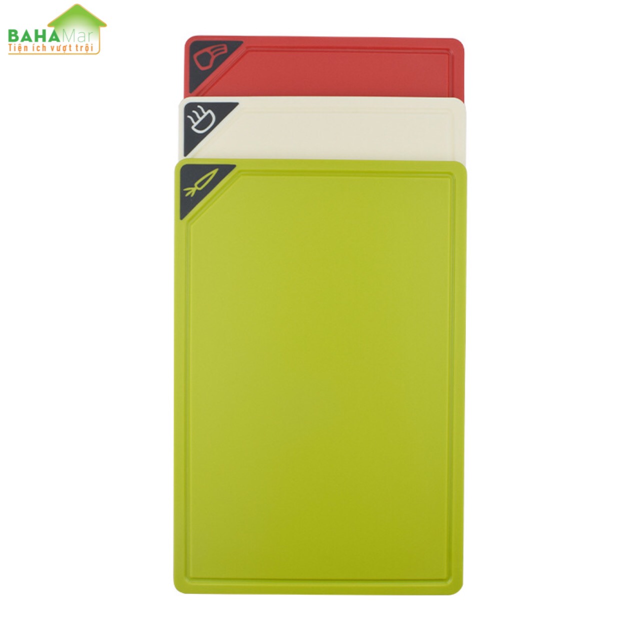 BỘ DAO THỚT PHÂN LOẠI SỬ DỤNG THỰC PHẨM AN TOÀN "BAHAMAR" Cùng bộ 3 dao bằng thép không gỉ tương ứng với 3 thớt theo cùng màu sắc thể hiện.