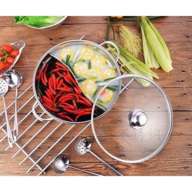 Nồi lẩu 2 ngăn 32cm, nấu được bếp từ nhé có nắp kính