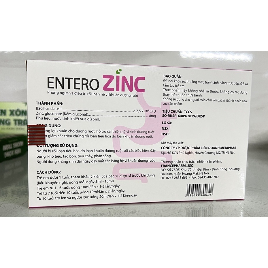 Men Vi Sinh Kết Hợp Kẽm ENTERO ZINC - Giúp Cân Bằng Hệ Vi Sinh Và Tăng Sức Đề Kháng Đường Ruột - Hết Lo Đầy Bụng, Táo Bón, Tiêu Chảy - Hộp 20 Ống