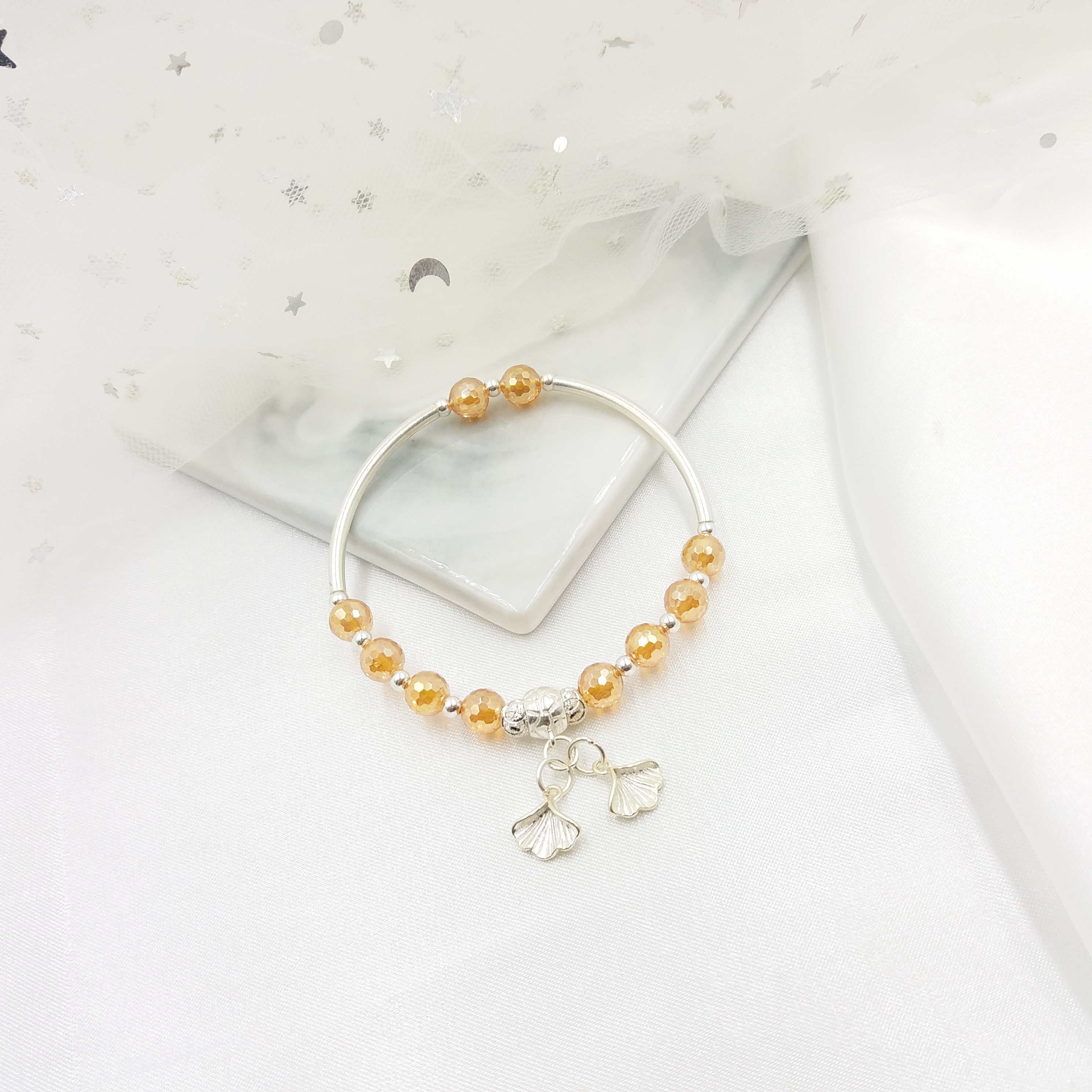 Vòng Tay Thập Lý Đào Hoa Đá Topaz Cam Phối Charm Bạc 925