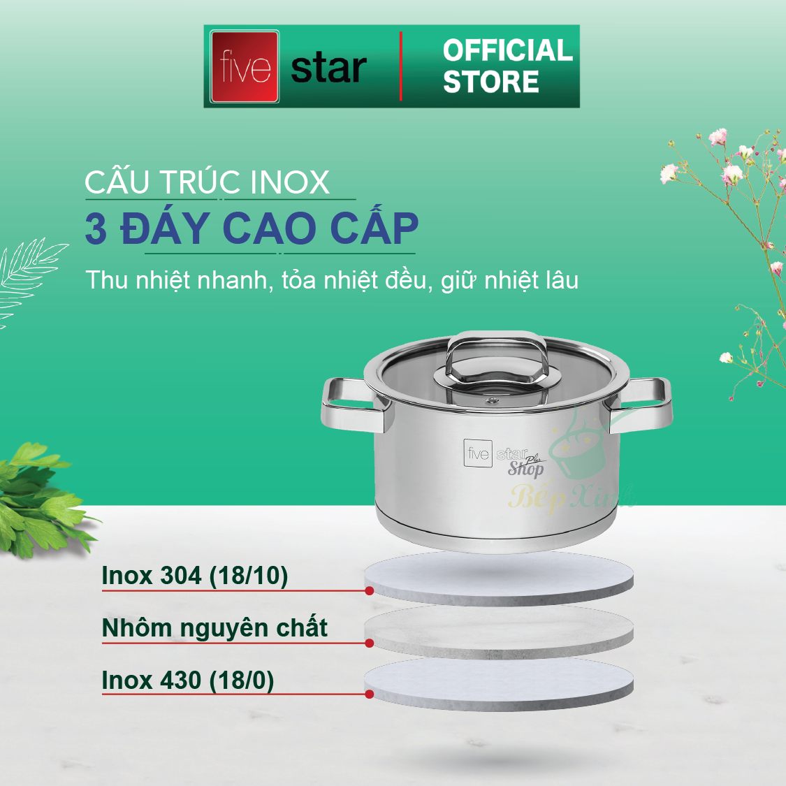 Bộ nồi 3 đáy inox 304 FiveStar Plus bếp từ 4 chiếc nắp kính ( nồi 16cm x nồi 18cm x 1 nồi 20cm x 1 nồi 24cm) , tặng 10 muỗng ăn