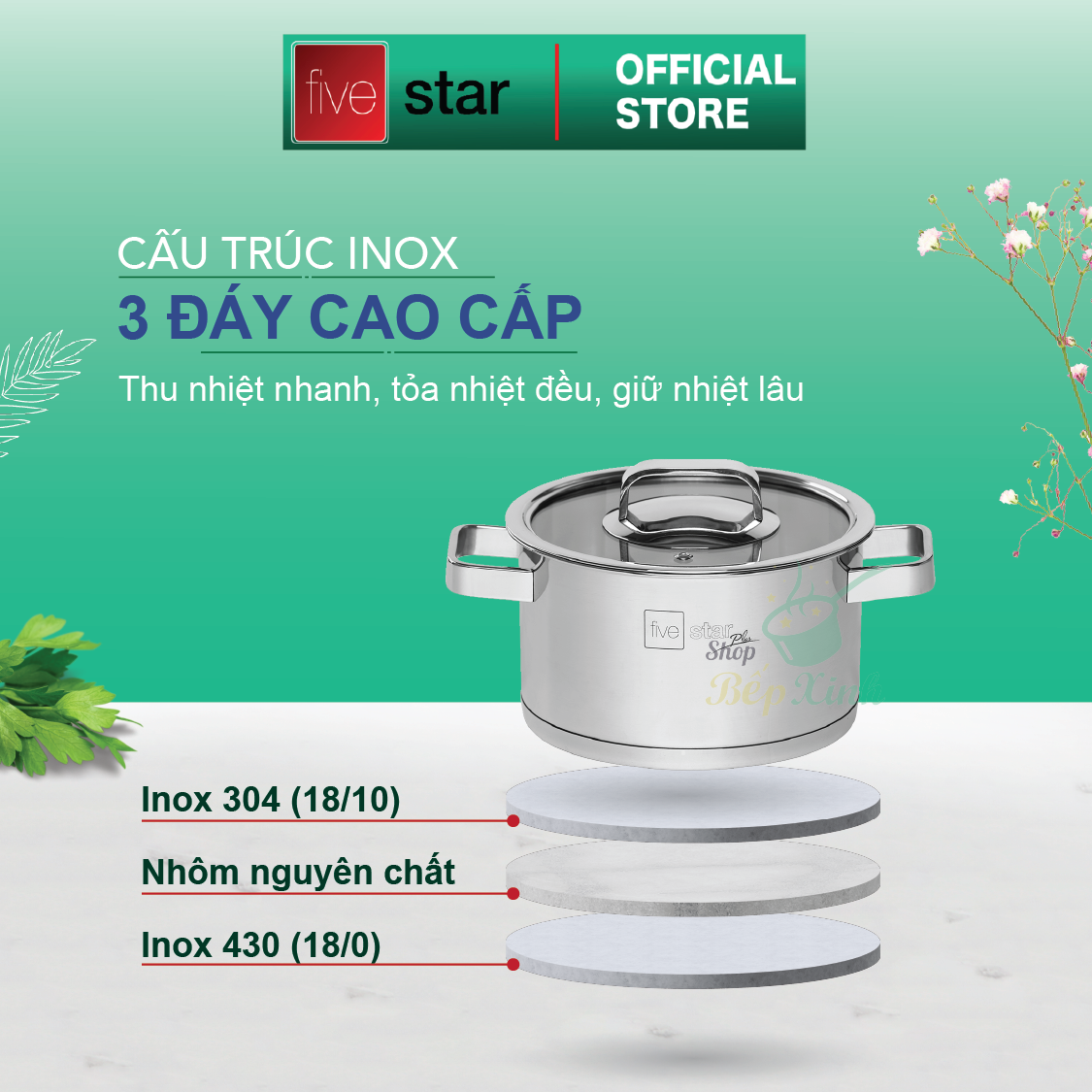 Bộ Nồi Inox 304 Fivestar Plush 3 đáy từ 4 Món Nắp Kính