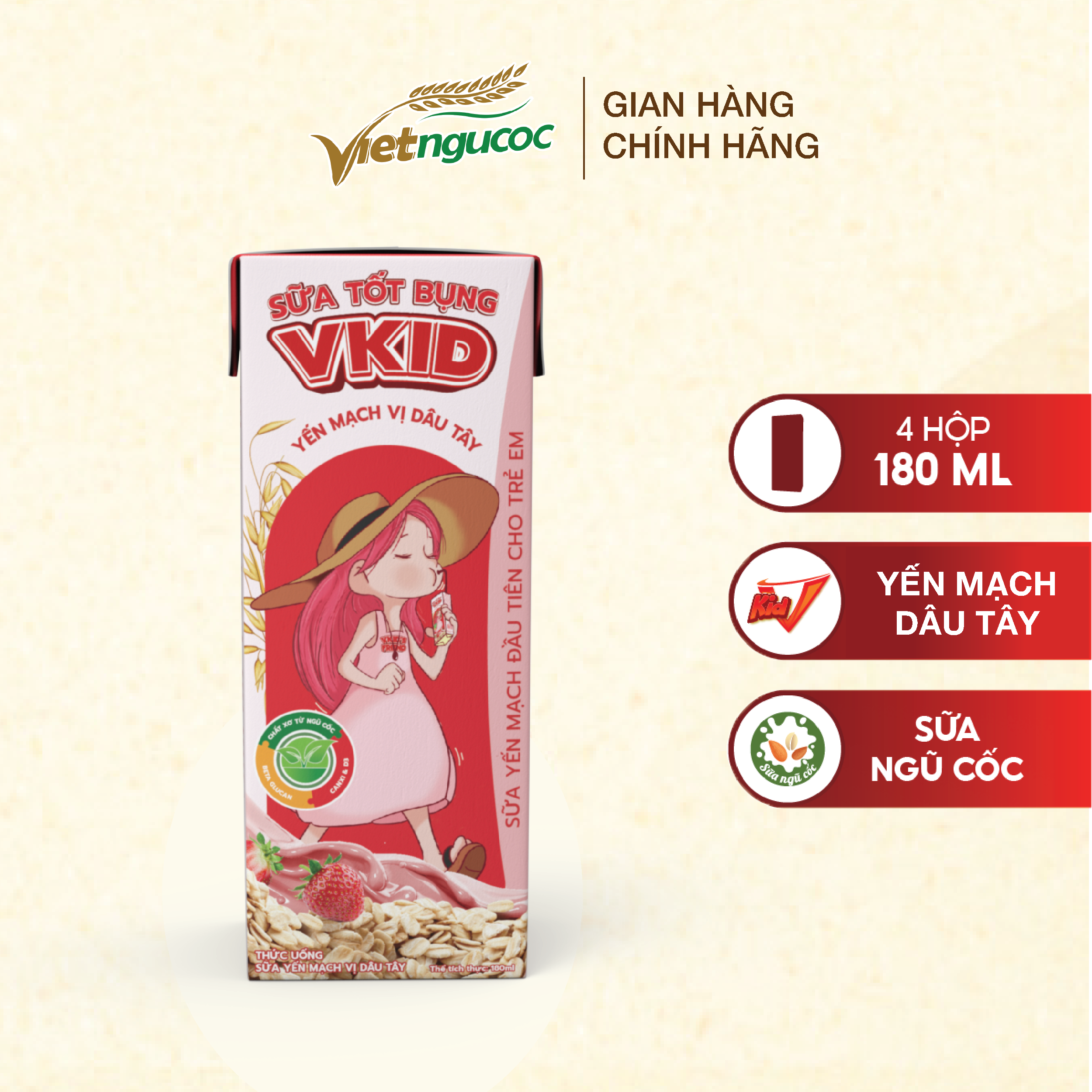 (Tặng 1 bình V-kid) COMBO 2 Lốc 4 Hộp Sữa Yến Mạch V-kid VIỆT NGŨ CỐC Cho Bé Thơm Ngon Vị Dâu Tây 180ml/Hộp