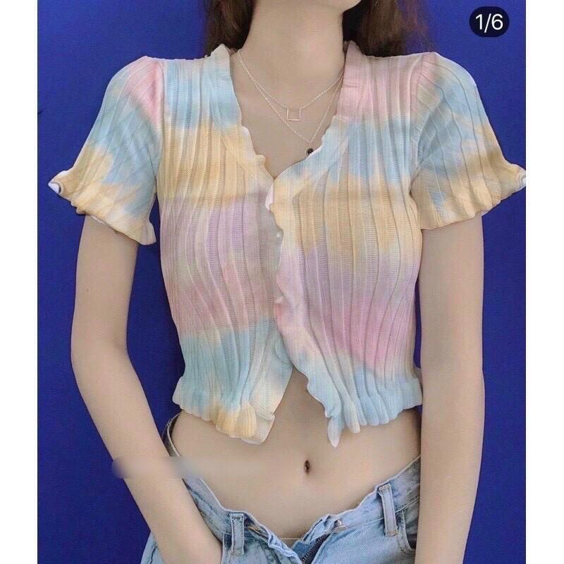 Áo croptop cổ V viền bèo loang xẻ nhẹ nhàng