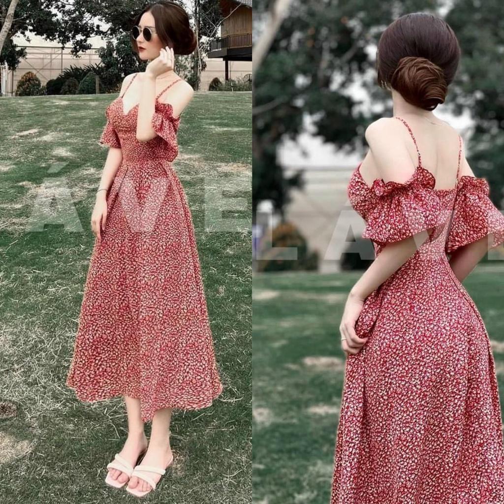 Đầm maxi dự tiệc hoặc đi biển đầm 2 dây trễ vai họa tiết hoa chất liệu lụa 100d mẫu có mút ngực 1 màu như hình