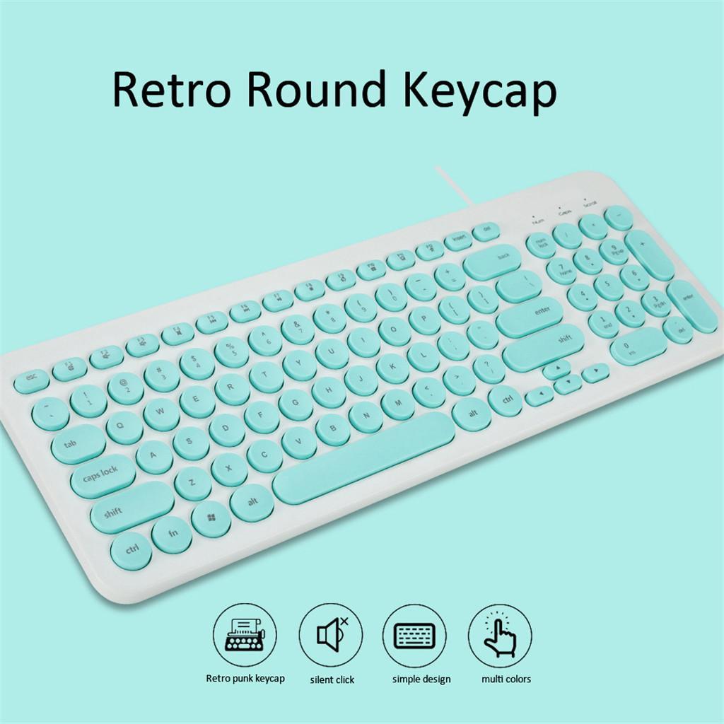 2pcs Ultra Slim Retro Round Key Keyboard Stylish USB Wired Silent Office Gaming Keyboard with 12 Multimedia Keys, Green+Red