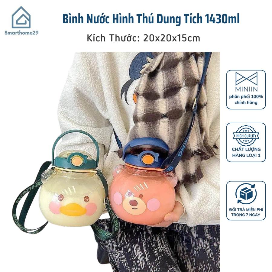Bình Nước Hình Thú 1430ml Kèm Ống Hút và Quai Đeo Cho Bé - HÀNG CHÍNH HÃNG MINIIN