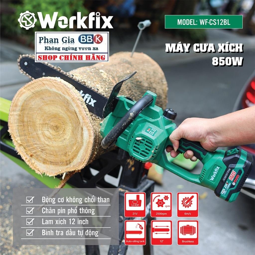 Máy cưa xích pin WORKFIX 21V (WF-CS12BL) 2 Pin 15cell, Động cơ Không chổi than,Cưa Cây, Cắt Cành, Tra Dầu Tự Động