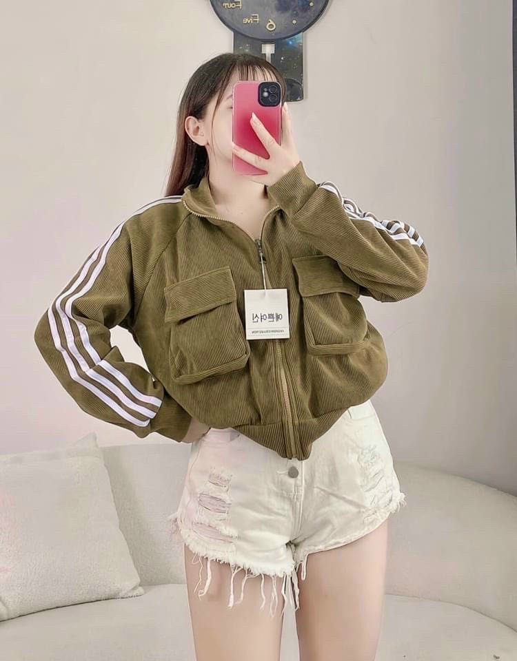 [Freship] Áo Khoác Nữ Len Nhung Gân Túi Trước Sành Điệu Cổ Cao Chạy Viền 3 Sọc Cánh Tay Hót Trend Shop Thời Trang, Áo Khoác Nhung Gân Túi Đắp Cao Cấp (7 túi dây kéo) - Hàng mới về