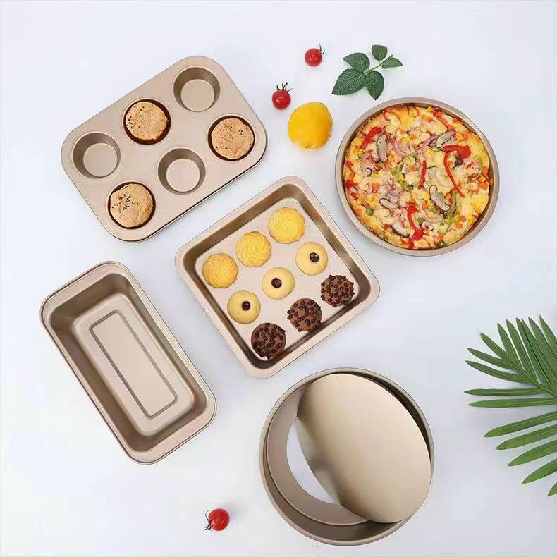 Khuôn làm bánh cao cấp chống dính bộ 5 chiếc, khuôn nướng bánh cupcake, pizza, bánh mì bằng thép carbon an toàn