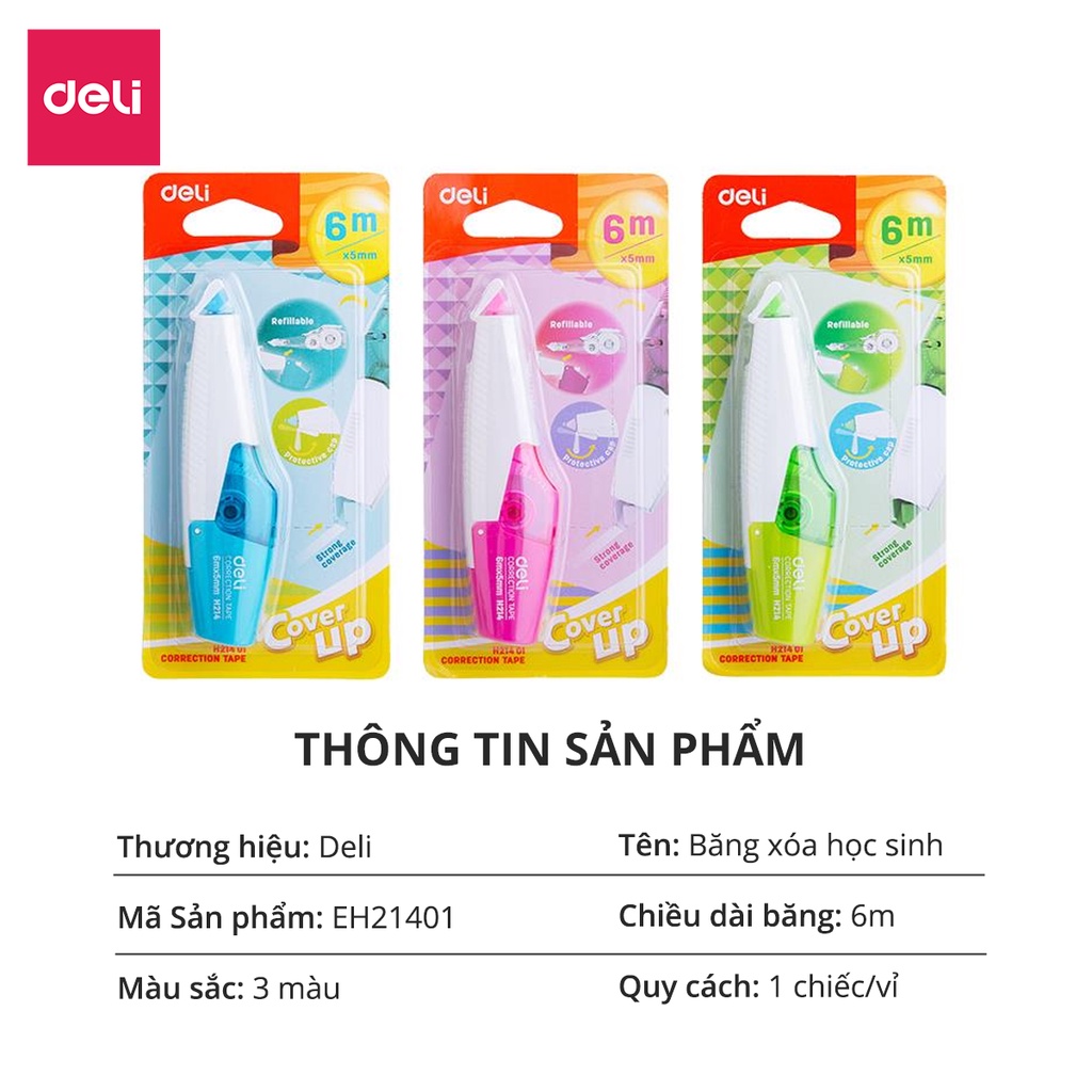 Băng xóa kéo học sinh 6m Deli - Kiểu dáng mới dễ sử dụng có nắp bảo vệ đầu kéo - Màu ngẫu nhiên - EH21401