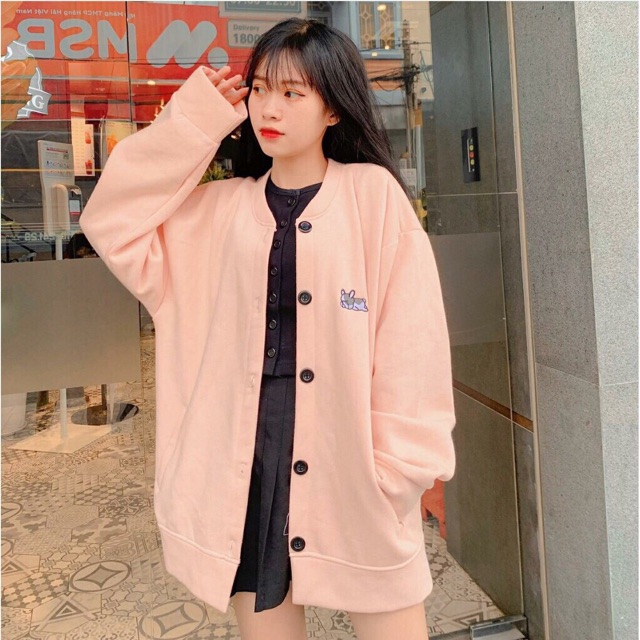 Áo nỉ hoodie thêu cún, gài nút form rộng xinh xắn