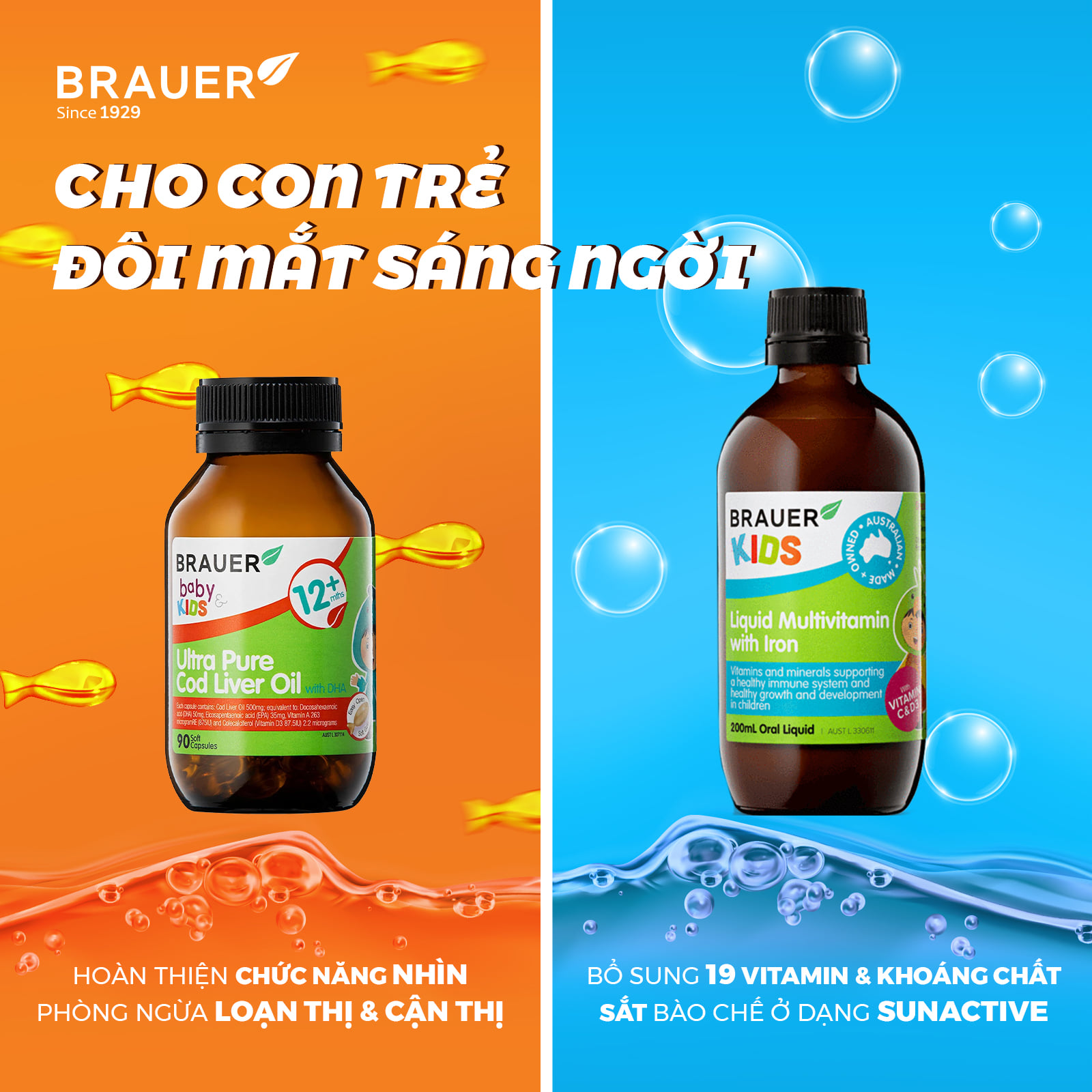 Viên mềm Dầu gan cá Tuyết tinh khiết và DHA Brauer Baby & Kids Ultra Pure Cod Liver Oil with DHA cho bé trên 1 tuổi - Nhập khẩu Australia