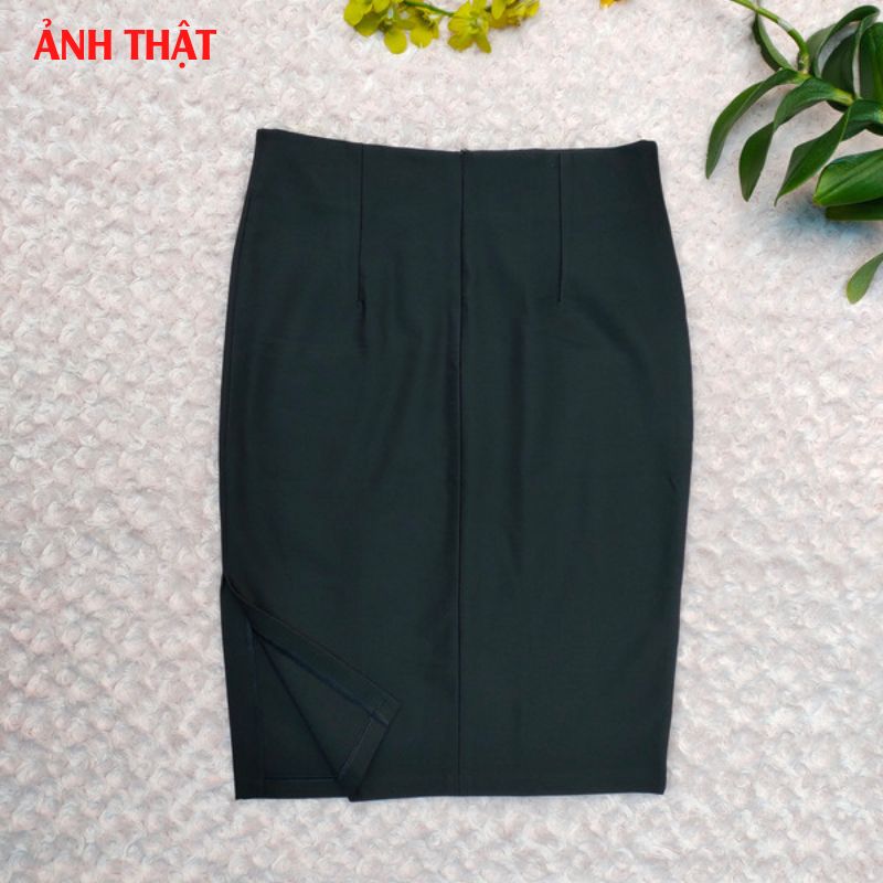 Chân váy bút chì công sở màu đen dài 60cm xẻ tà hong sang trọng vải kaki thun co giãn-New Design