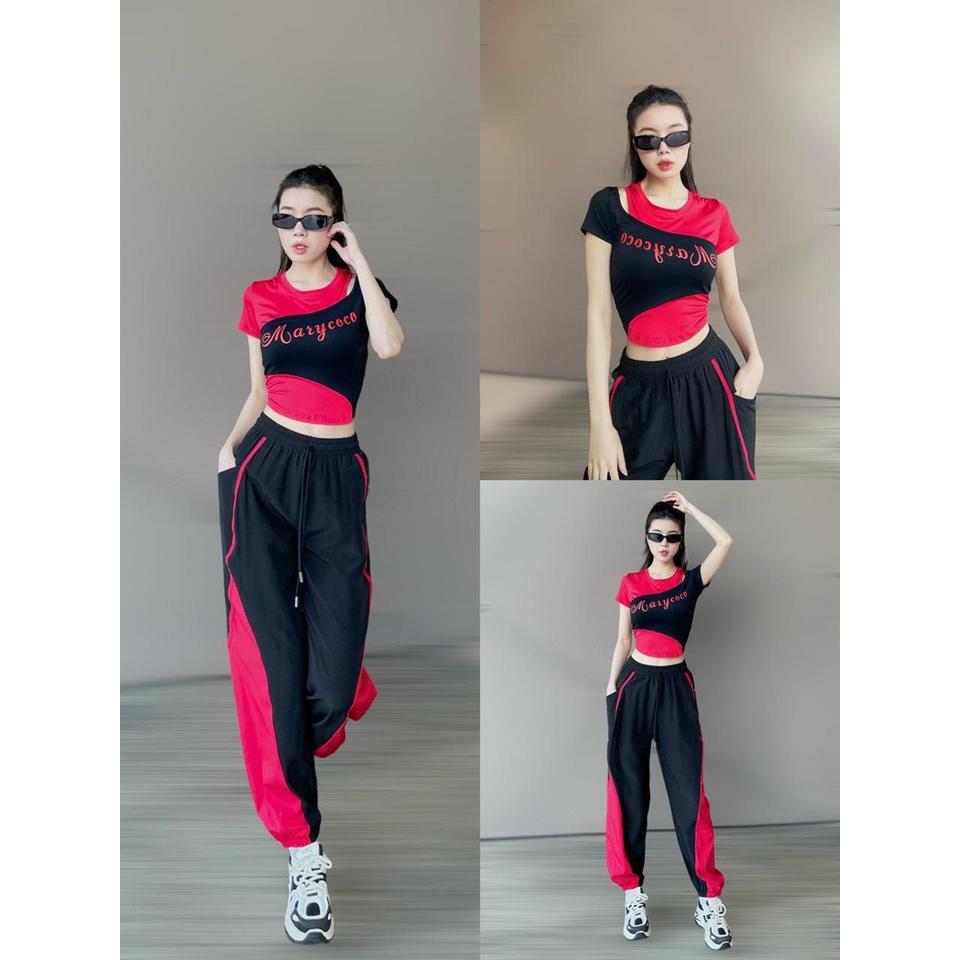 Set đồ tập áo chất thun quần chất xi gió tập gym, yoga, zumba, dân vũ, nhảy hiphop. aerobic, đồng phục đội nhóm nữ