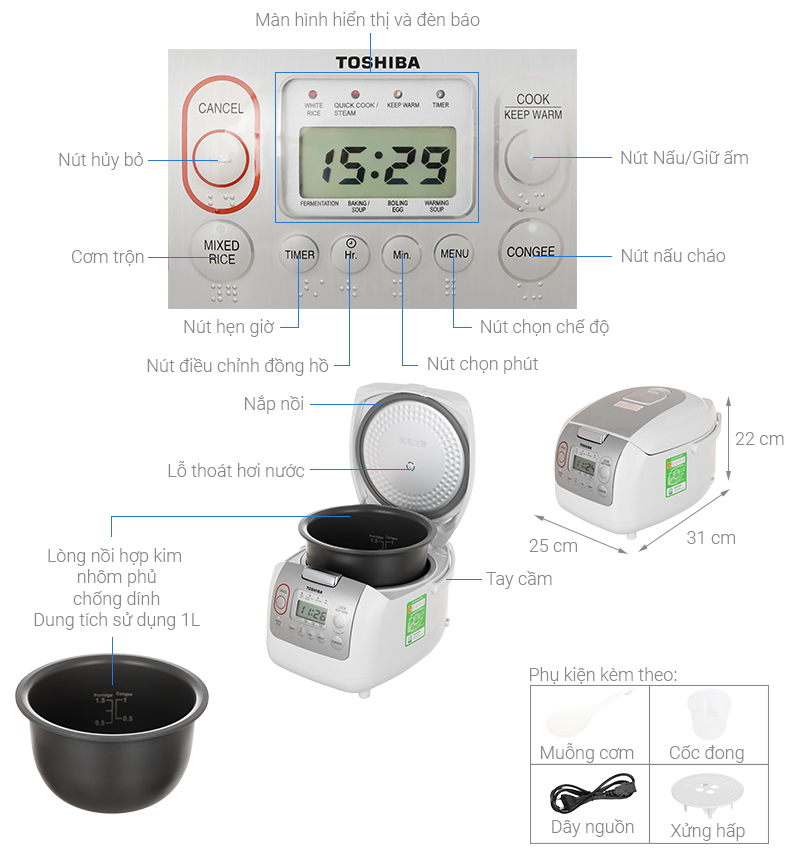 Nồi Cơm Điện Tử Toshiba RC-10NMFVN (WT) (1 Lít) - Hàng Chính Hãng