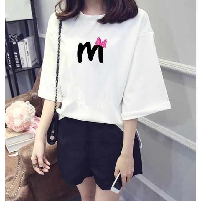 Áo thun nữ tay lỡ form rộng chữ M đeo nơ vải dày mịn TEEWOC13