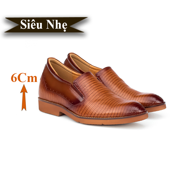 Giày Tăng Chiều Cao Nam Siêu Nhẹ T&TRA Tăng Cao 6Cm- S1085 Nâu Bò Dập Vân Sọc - Chất Liệu Da Bò Cao Cấp, Đế và Lót Tăng Cao Chất Liệu EVA Siêu Nhẹ, Trọng Lượng Nhẹ Hơn 30% So Với Đế Cao Su
