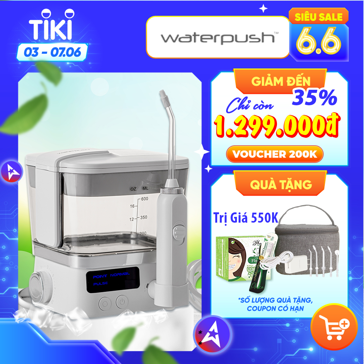 Máy tăm nước gia đình cao cấp WaterPush 1912 - Bình siêu lớn 300ml -  1 đổi 1 trong 12 tháng