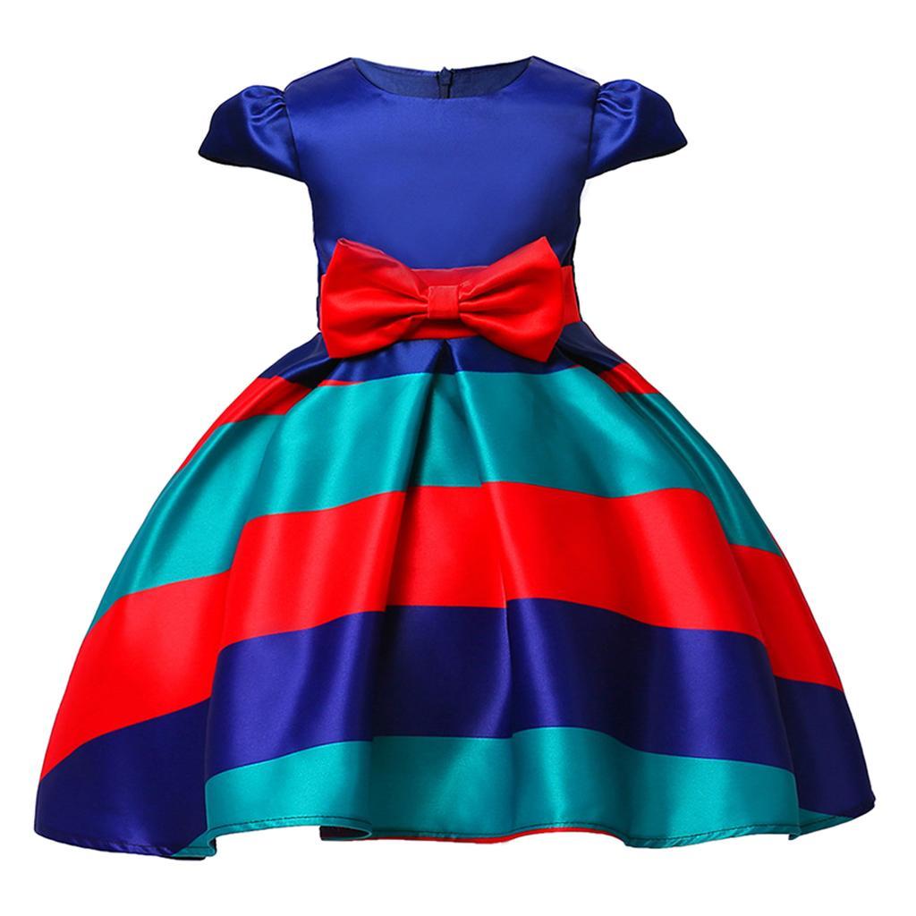 Fashion Flower Girl Dress Red Blue Stripes Bow Wedding Bridesmaid Birthday Pageant Formal Short Sleeve Dresses 3-10 Years