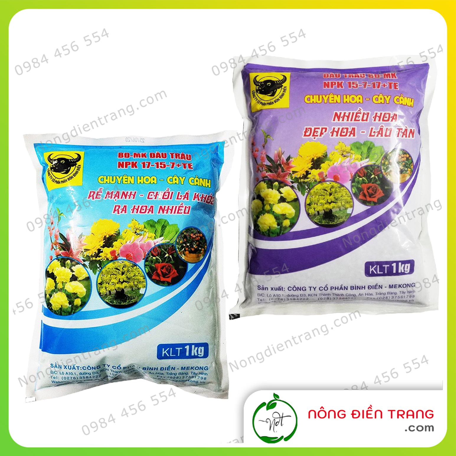 Combo 02 loại Phân bón đầu trâu NPK 17-15-7+TE và 15-7-17+TE - Gói 1KG - Chuyên dùng cho hoa, cây cảnh giúp cây phát triển toàn diện VTNN Nông Điền Trang