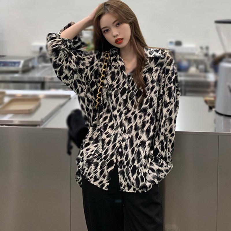 Áo Sơ Mi Chiffon Dáng Rộng Họa Tiết Da Báo Quyến Rũ Cho Nữ