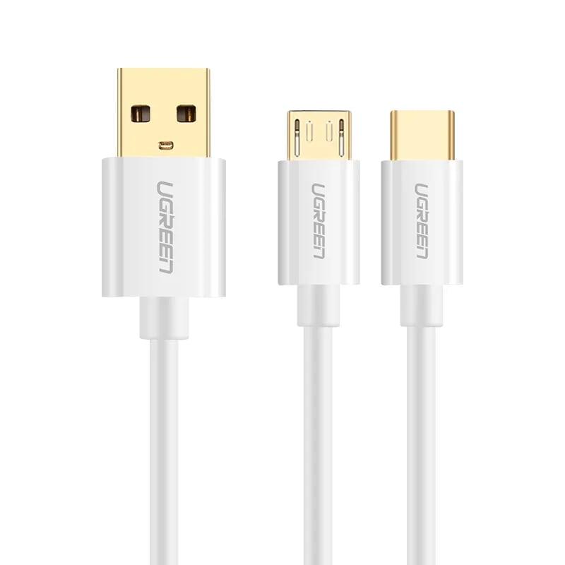 Ugreen UG30576US197TK 1M màu Trắng Cáp USB-A sang Micro USB + USB-C cao cấp - HÀNG CHÍNH HÃNG