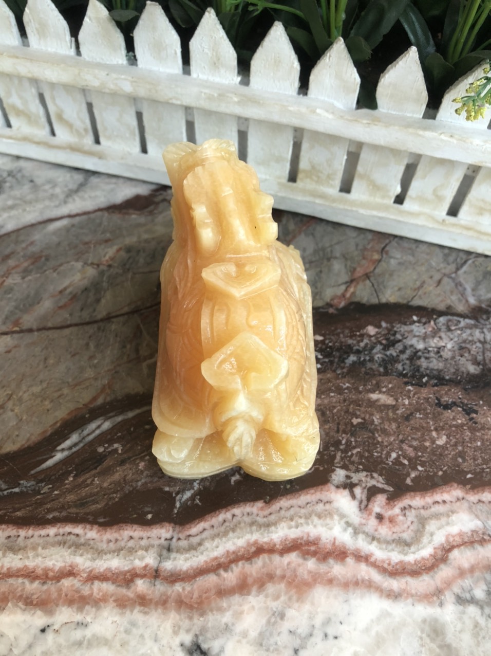 Tượng Long Quy cõng gậy như ý phong thủy đá ngọc hoàng long - Dài 10cm