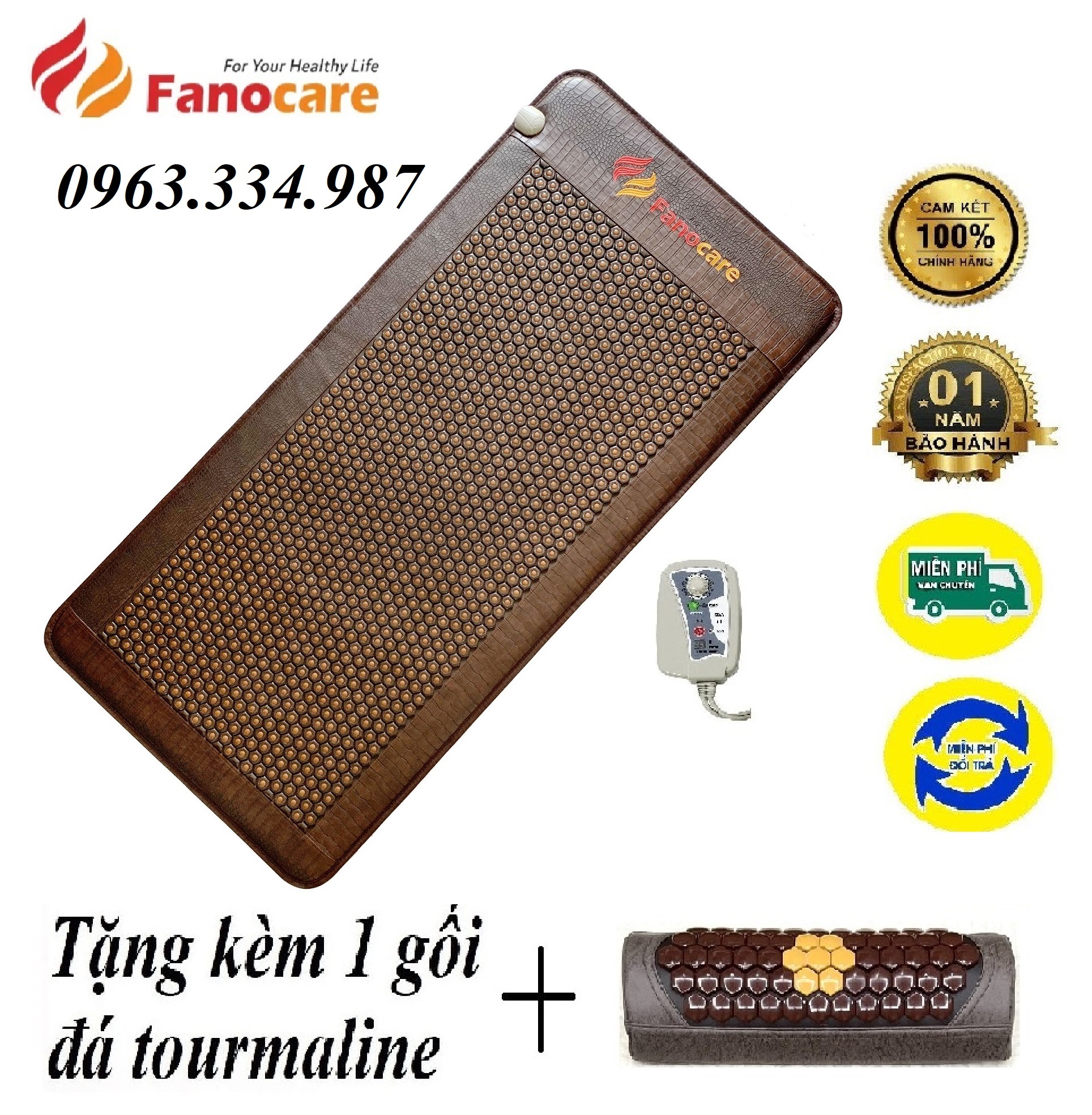 Thảm/Nệm đá nhiệt nóng Fanocare KT 90x190x3.5cm FN90STNV đá mắt ngọc kèm sóng siêu dài (Tặng kèm 1 gối đá tourmaline)