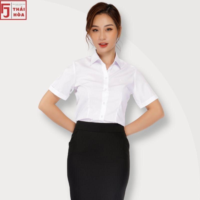 Áo sơ mi nữ tay ngắn Thái Hoà kiểu công sở đi học bigsize vải cotton màu trắng N047-01-01