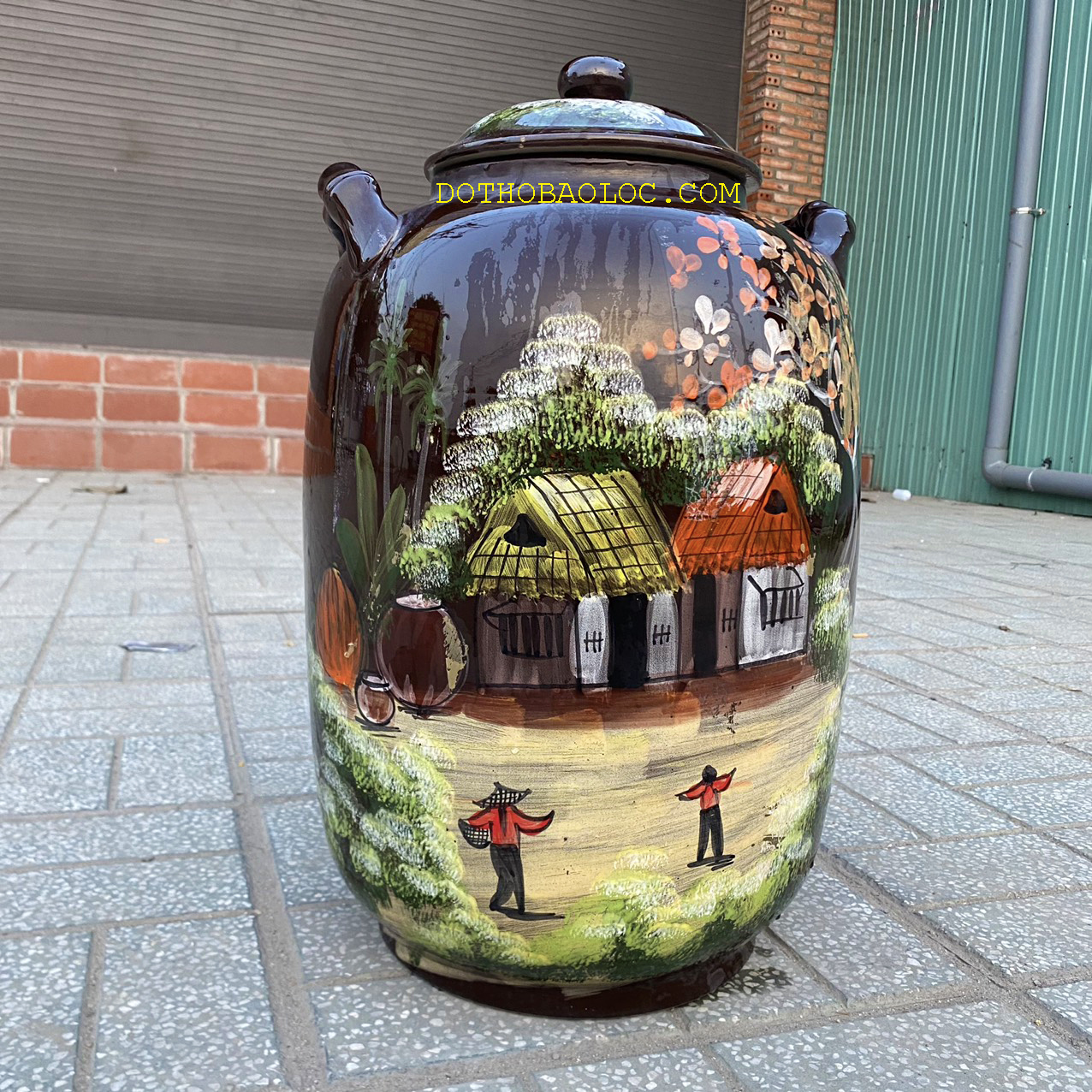 Bình ngâm ruou sứ Bát Tràng vẽ cảnh đồng quê - Không vòi 30 lít