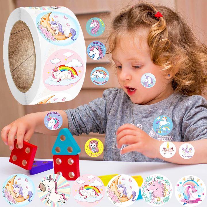 Sticker khen thưởng cho bé, cuộn 500 sticker Unicorn với nhiều họa tiết đáng yêu cho bé trang trí tập sách và góc học tập – SST014