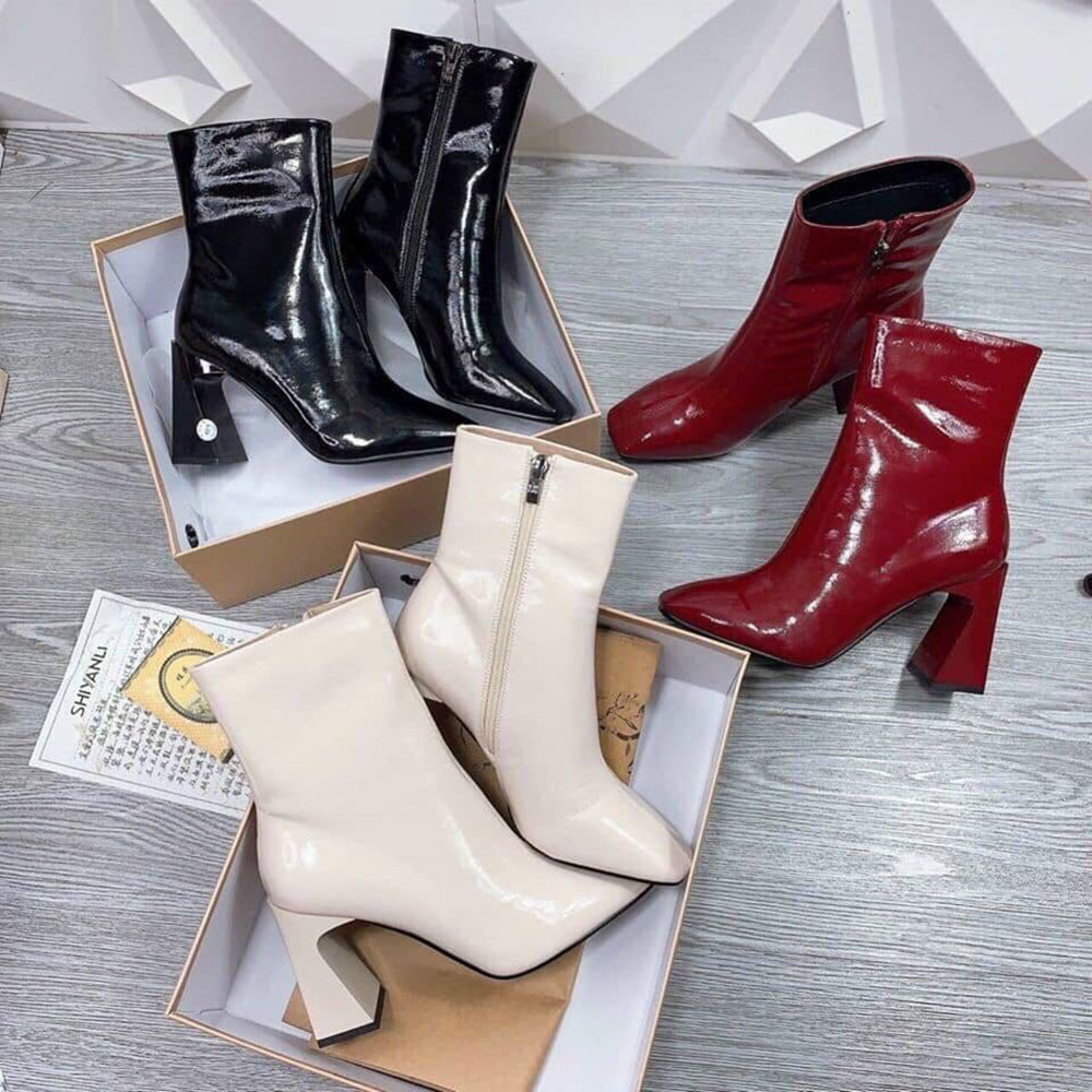 Bốt/Boots Nữ Dáng Lửng Da Bóng Gót VÁT 7p  Siêu Sang (Mã F -2) Kèm Tất/Vớ Da Chân