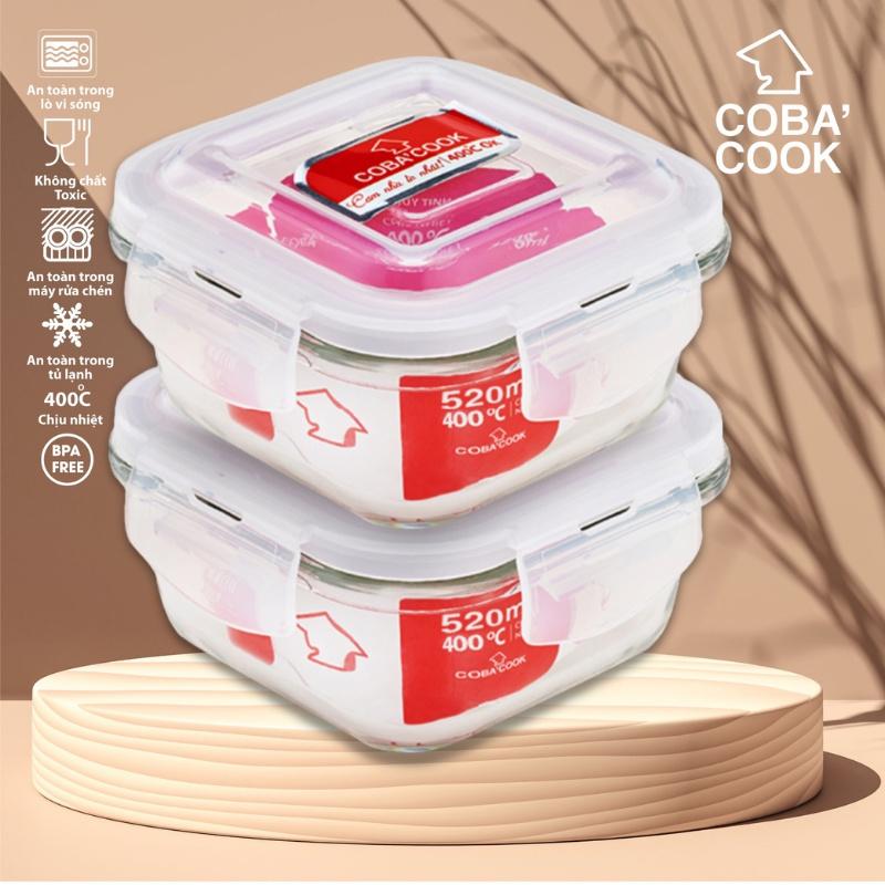 Bộ 2 hộp thủy tinh trữ thức ăn thực phẩm chịu nhiệt COBACOOK hình vuông dung tích 520ml- CCS52