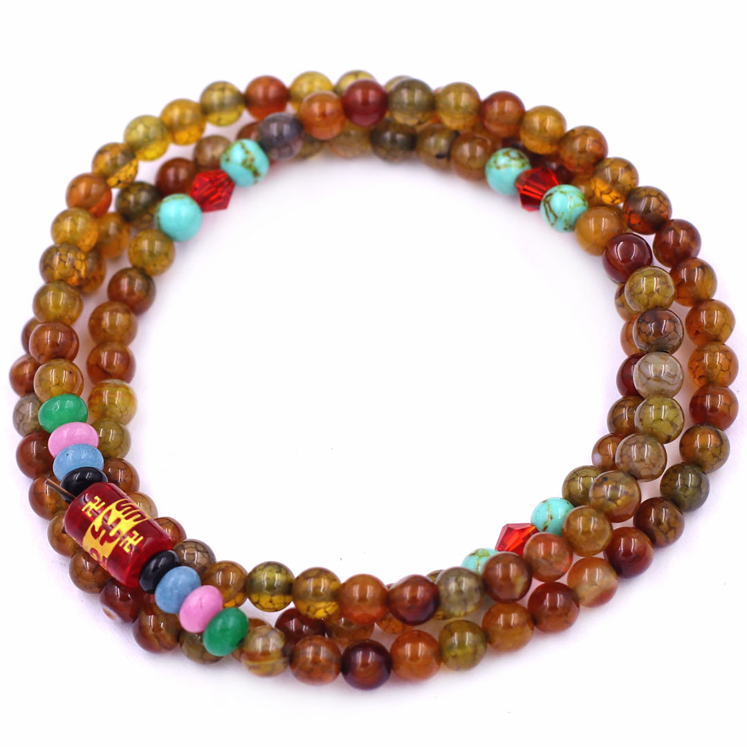 Vòng chuỗi 108 hạt mã não vân rạn 6 ly charm lục tự kim ngôn, vòng chuỗi niệm Phật, vòng chuỗi đeo tay