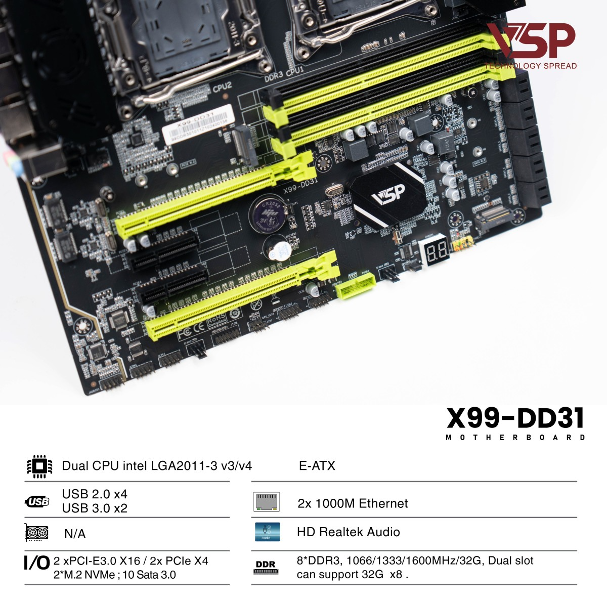 Bo Mạch Chủ Main VSP X99-DD31 D3 (Dual CPU) Socket LGA 2011 – Hàng Chính Hãng