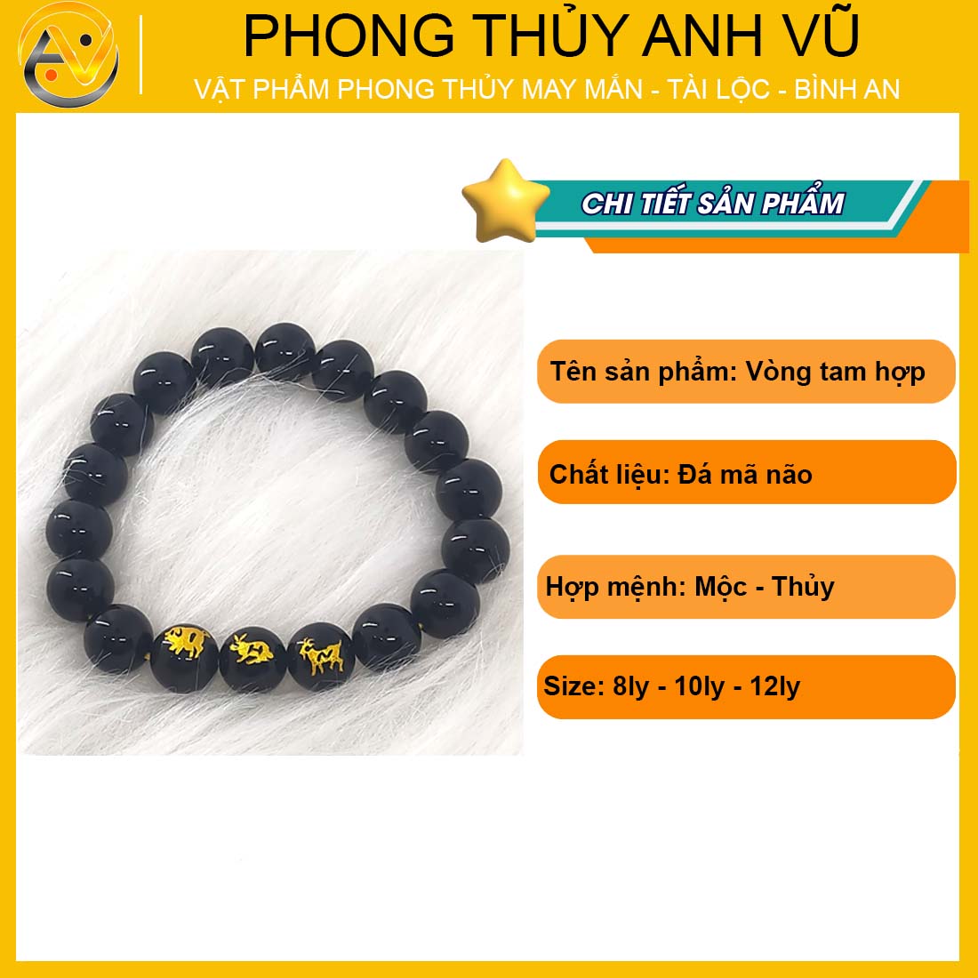 Vòng mã não đen tam hợp hợi mão mùi đã khai quang - size 8 10 12ly - may mắn tài lộc - Vòng Tam Hợp Anh Vũ