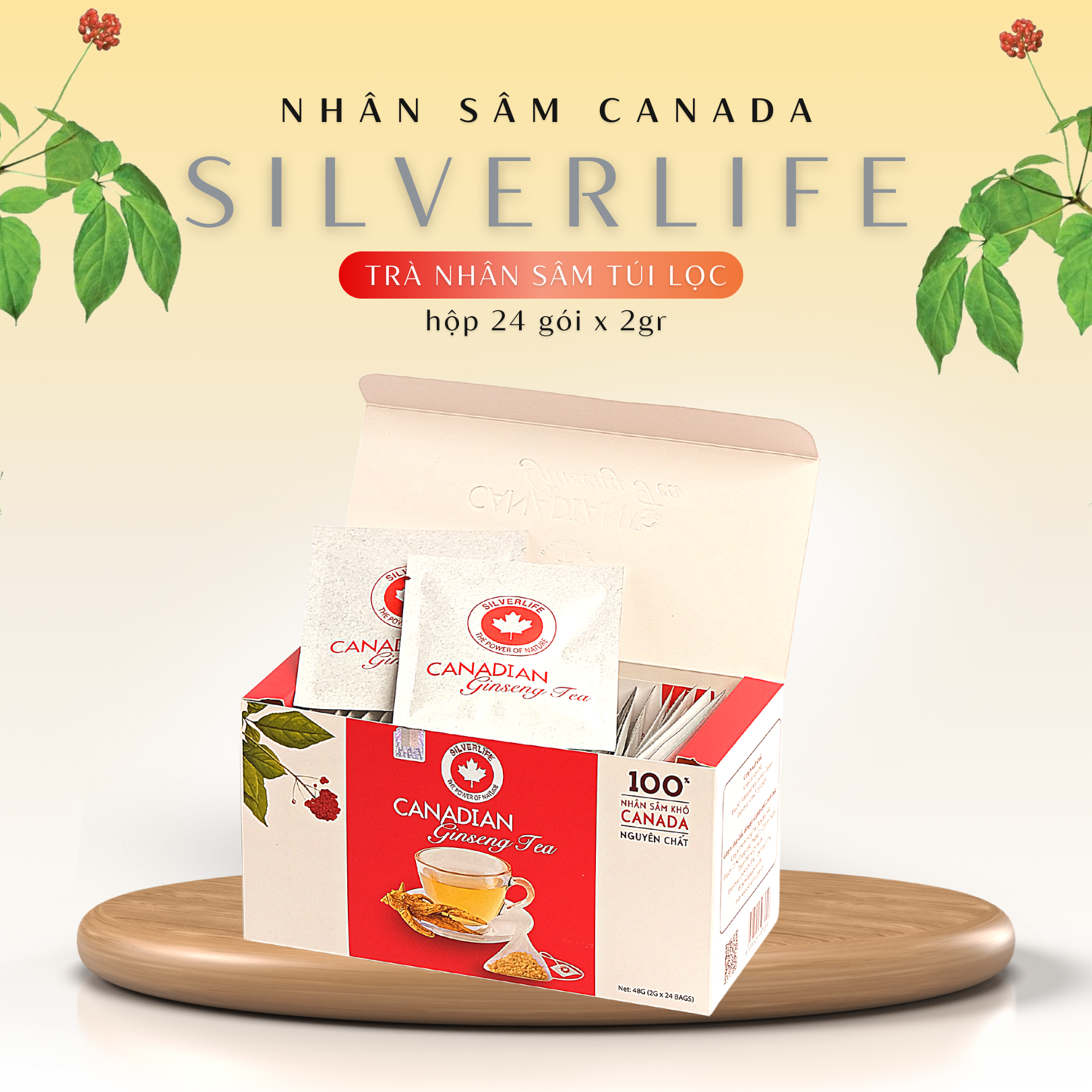 Trà nhân sâm Canada SilverLife hộp 24 gói 48g - 100% nhân sâm Canada tự nhiên nguyên chất - Giúp giải nhiệt, tăng cường sức khoẻ