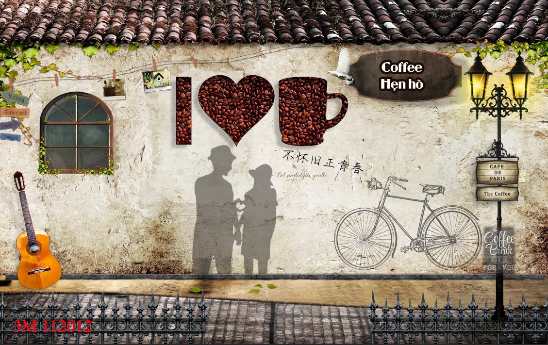 Tranh dán quán cafe trang trí-tranh dán tường 3d Huyền Chi-Đặt theo kích thước yêu cầu