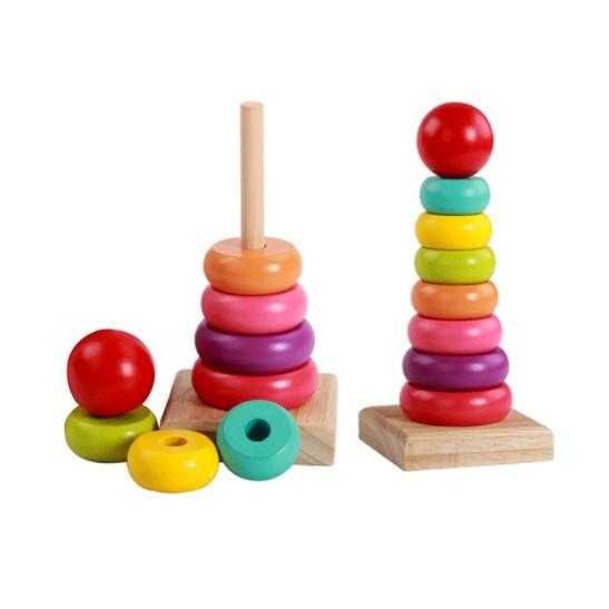 Đồ chơi tháp cầu vồng gỗ size lớn giúp bé nhận biết màu sắc