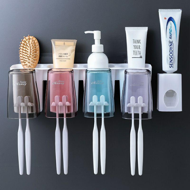 Giá treo bàn chải đánh răng dán tường kèm 4 cốc cao cấp và đồ nặn kem - Kệ để bàn chải nhả kem đánh răng Full bộ 4 ly