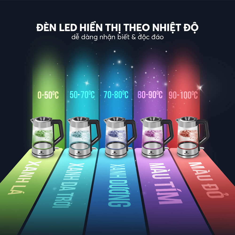 Ấm Đun Nước Siêu Tốc Thuỷ Tinh Elmich KEE-8458 1.7L 2200W, Hàng Chính Hãng, Đèn Led Cảm Biến-JoyMall