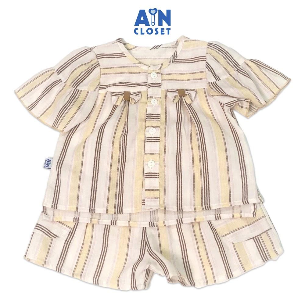 Bộ quần áo ngắn bé gái họa tiết Kẻ nâu tay rũ cotton - AICDBGEXMU4L - AIN Closet