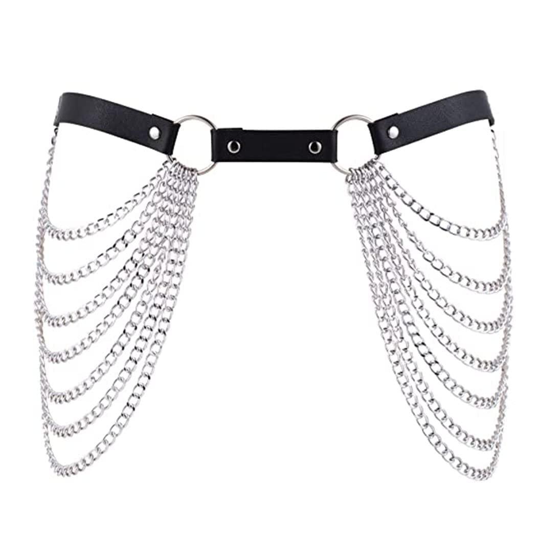 Punk Black eo chuỗi thắt lưng da lớp bụng cơ thể