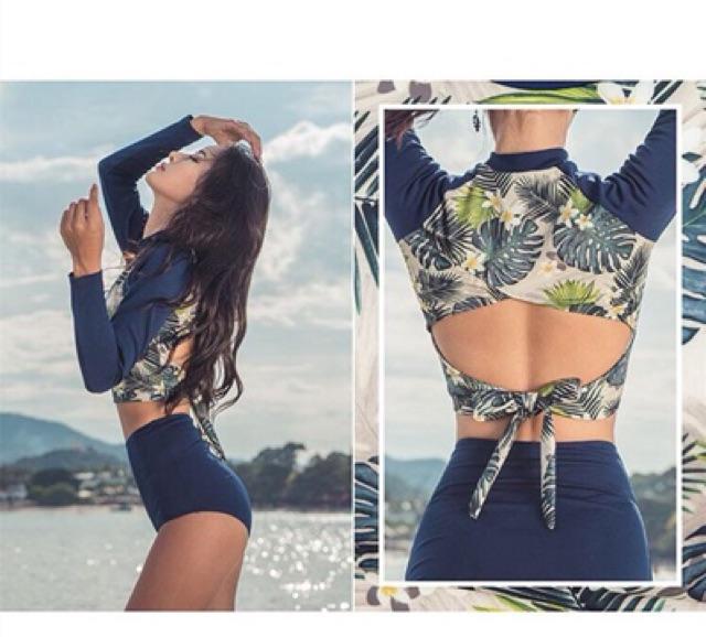 Bikini /đồ bơi tay dài hoa lá quần cạp cao