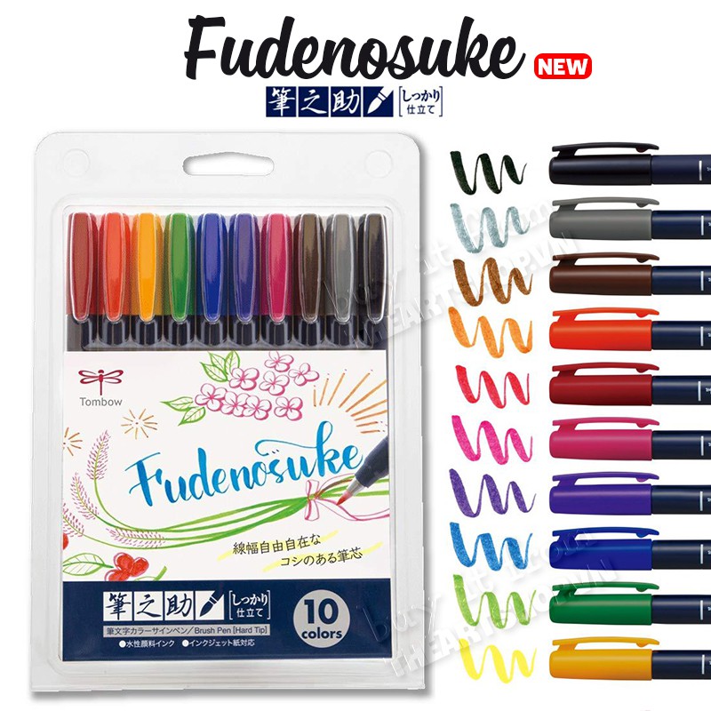 Bộ 10 Bút viết thư pháp TOMBOW FUDENOSUKE chuyên viết Hán tự Brush Lettering dòng màu sắc