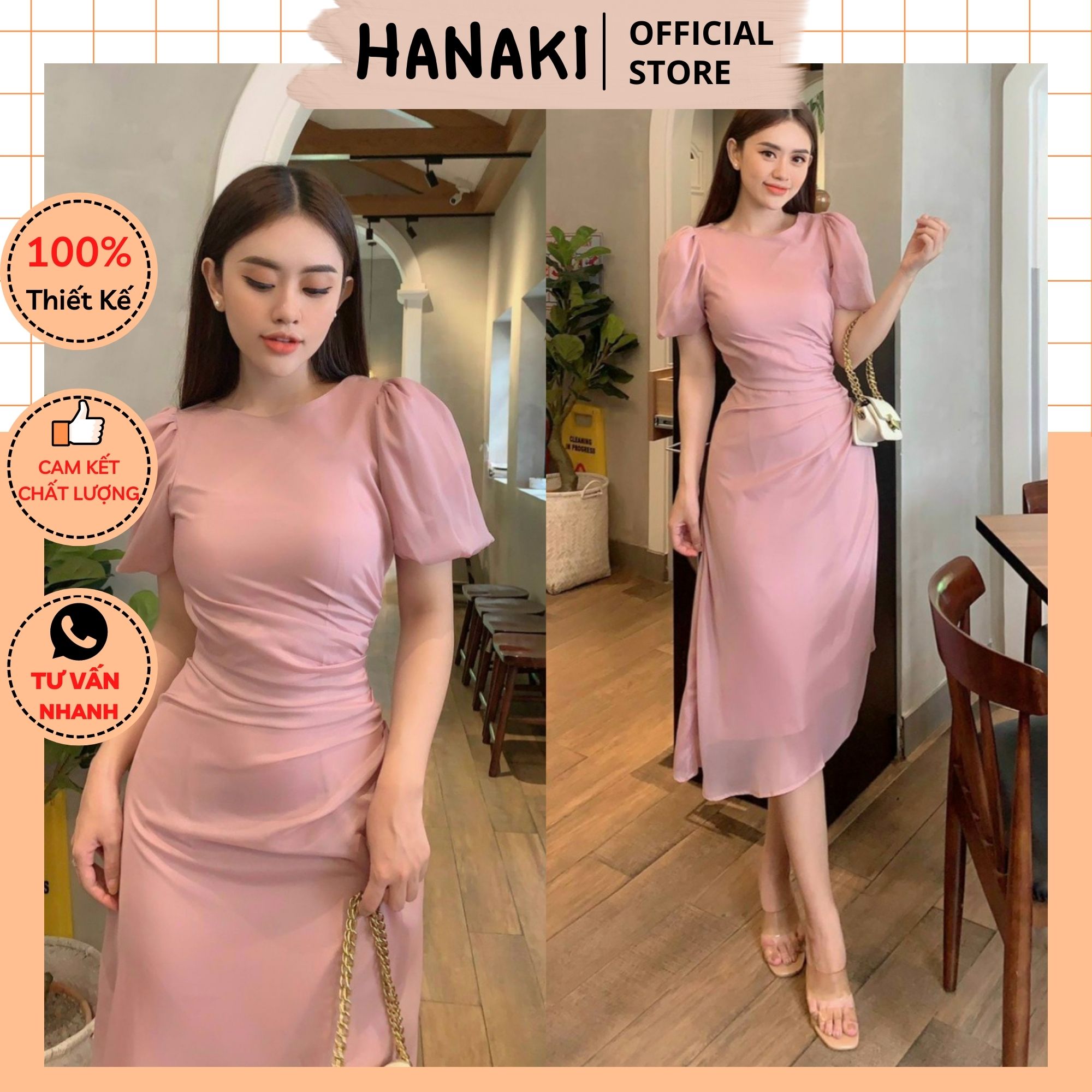 Đầm Dự Tiệc Thiết Kế Tay Phồng Nhún Eo Tôn Dáng Màu Hồng Pastel Sang Trọng Chất Vải Lụa Tằm Cap Cấp Hanaki HNK321