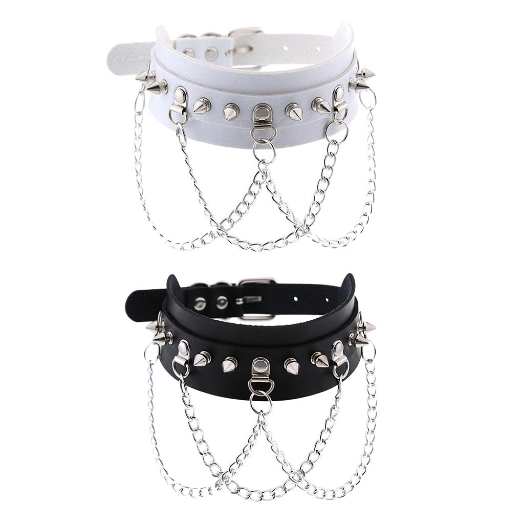 Gothic Pu Leather Choker Women Spike Metal Chain Necklace Punk Jewelry White
